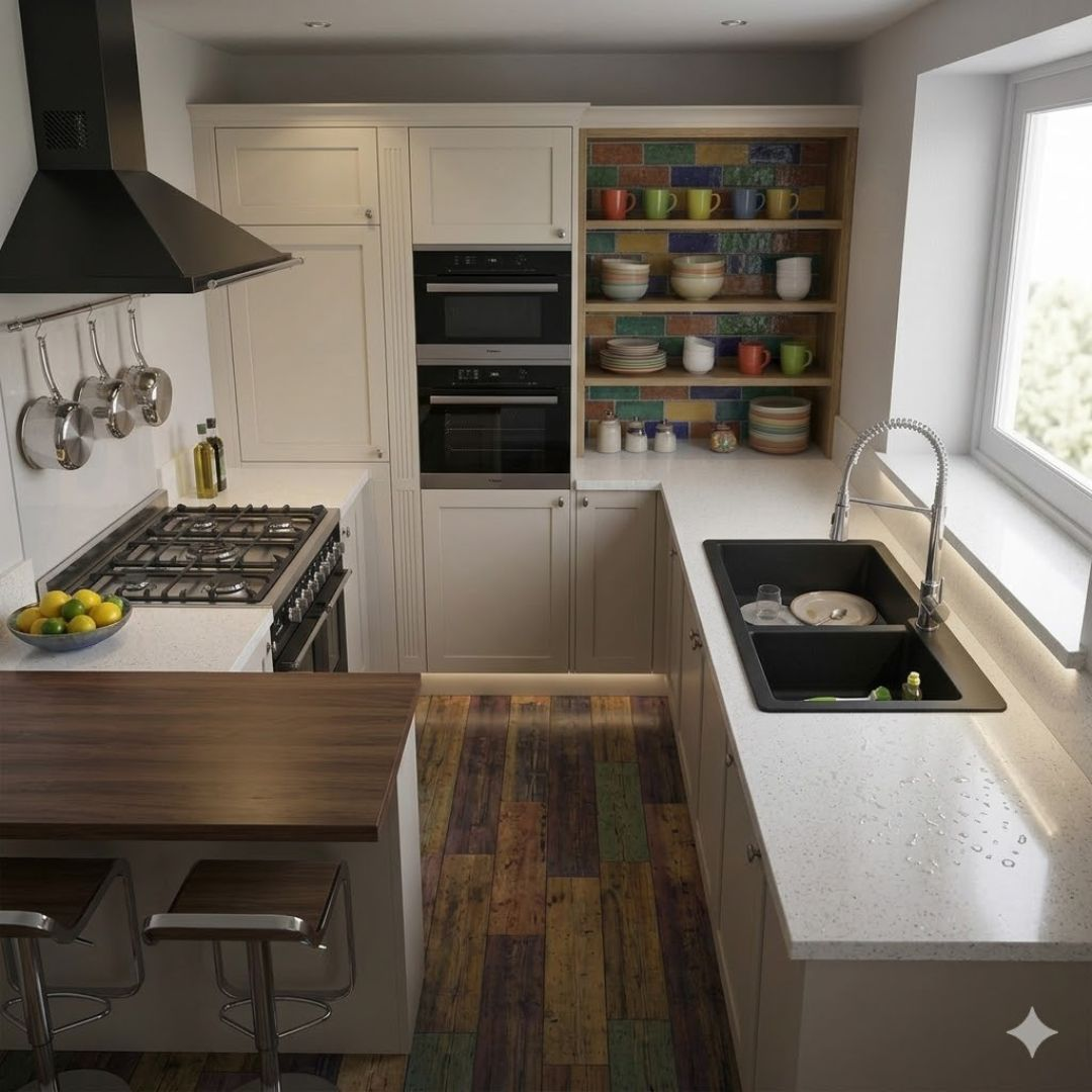 Una cucina moderna con fornelli a gas, forni, lavello e isola con sgabelli.