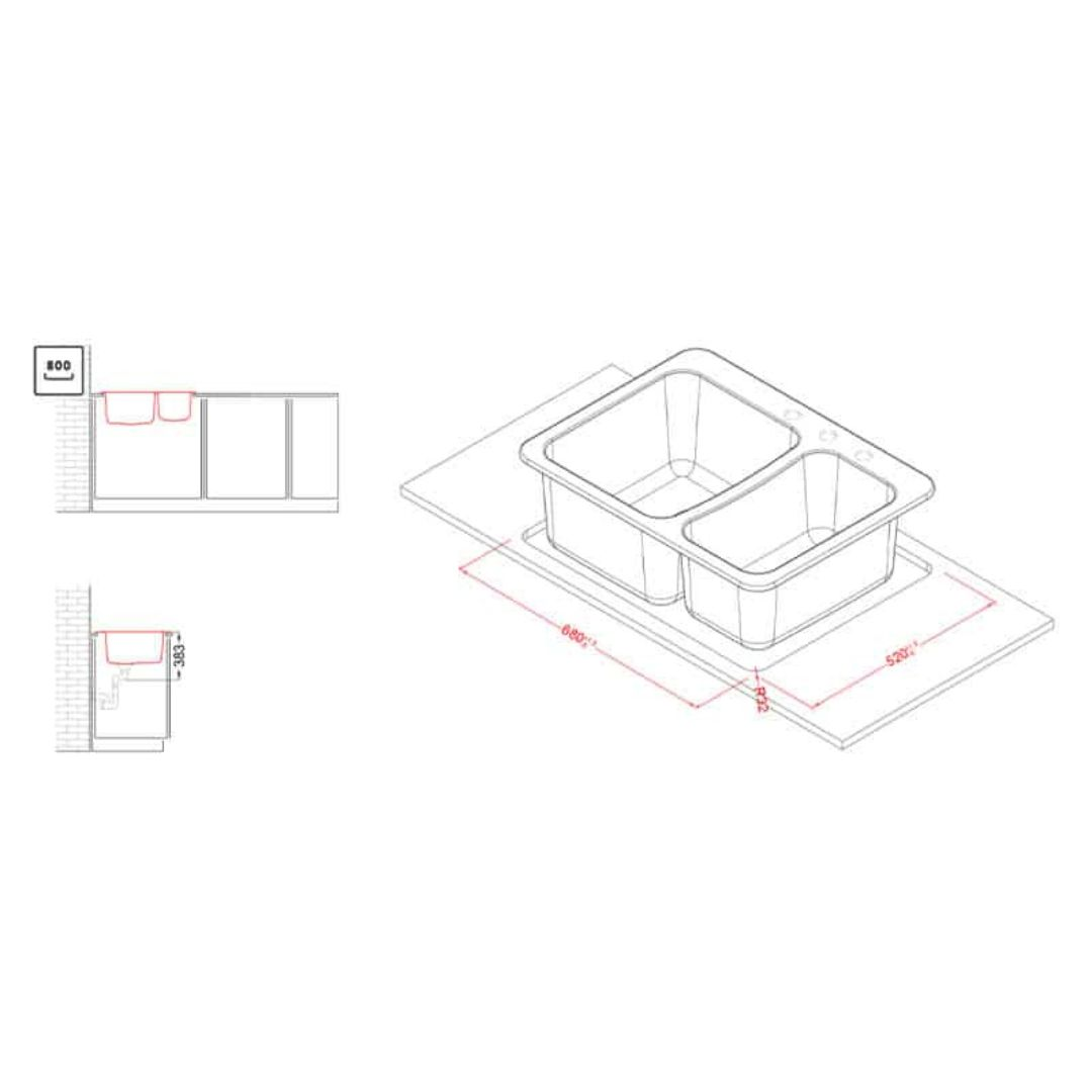 Disegno tecnico di un lavello doppio con dimensioni.