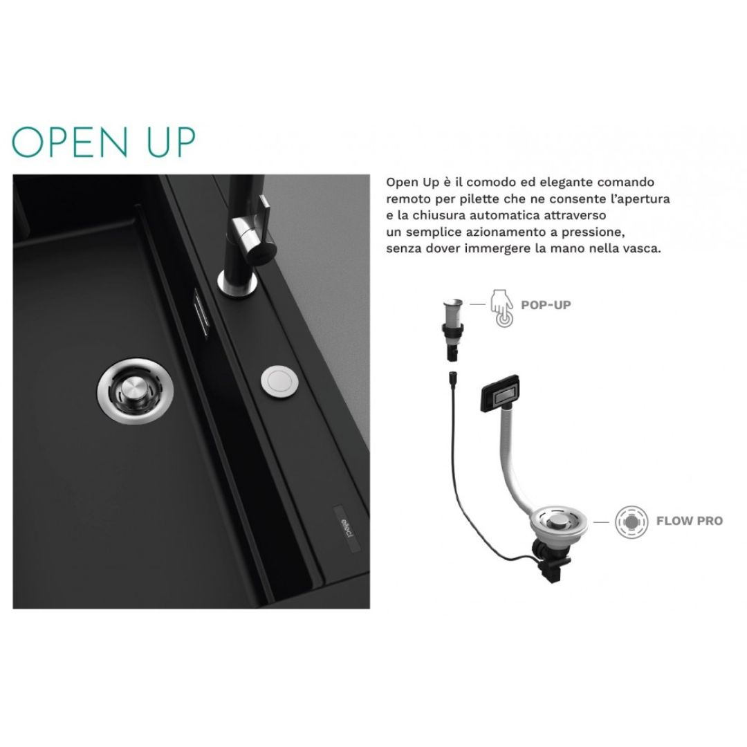 Lavello nero con rubinetto cromato e schema dettagliato del sistema POP-UP e FLOW PRO.