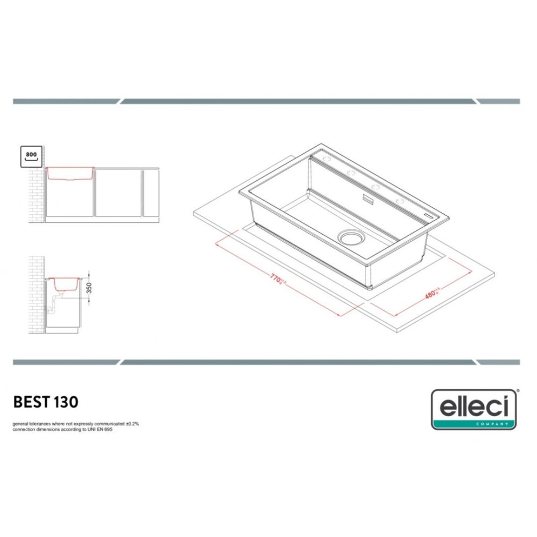 Disegno tecnico di un lavello da 770x480 mm e largo 800 mm.