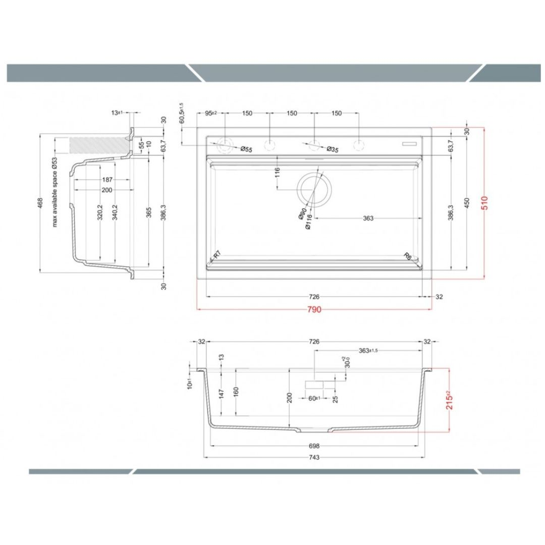 Disegno tecnico di un lavello con dimensioni e sezioni.
