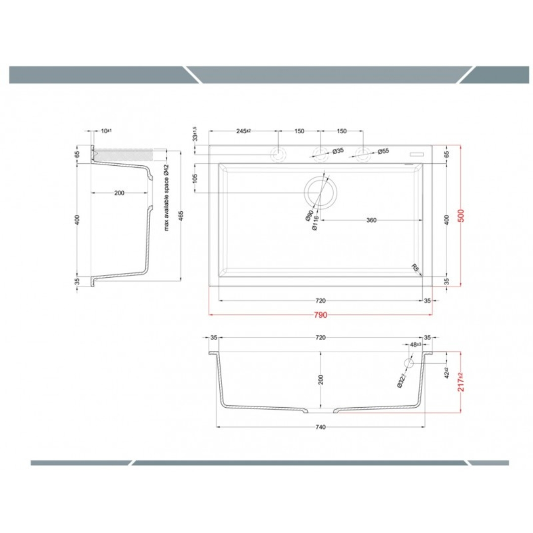 Disegno tecnico di un lavello con dimensioni e dettagli.