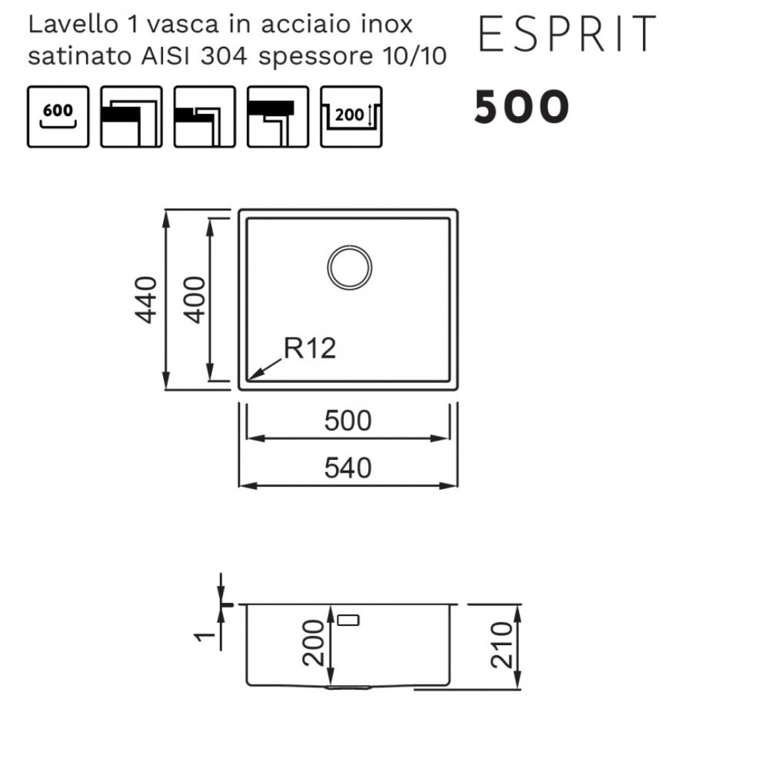 Disegno tecnico di un lavello con dimensioni e simboli. Esprit 500.