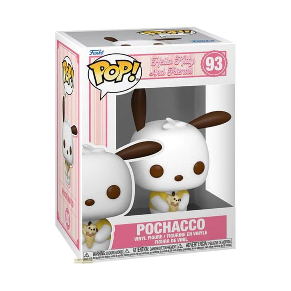 Statua Funko Pop di Pochacco con maglia gialla, tiene un orsacchiotto, in scatola.