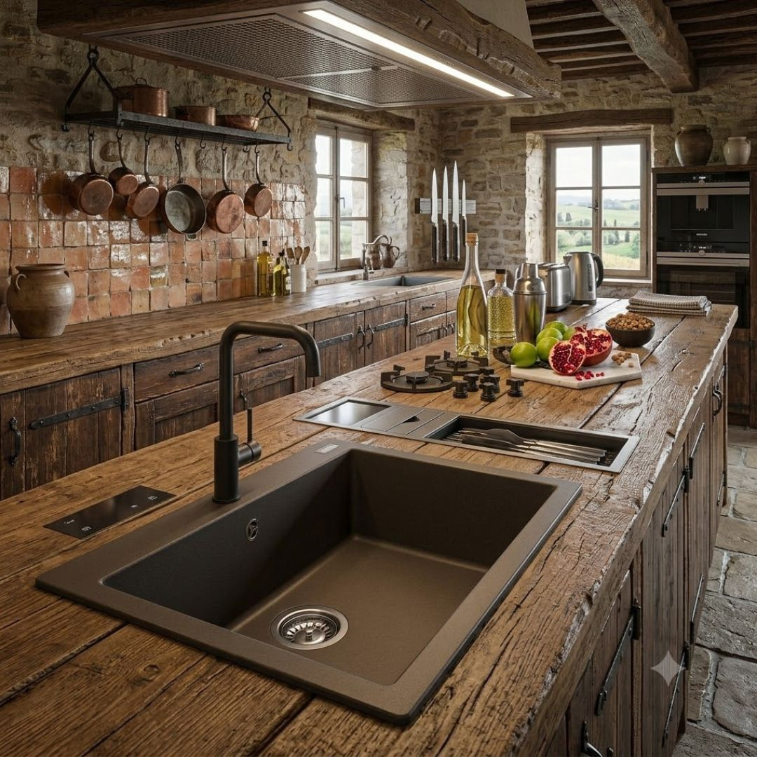 Cucina rustica con pareti in pietra, banconi in legno, pentole in rame e lavello scuro.