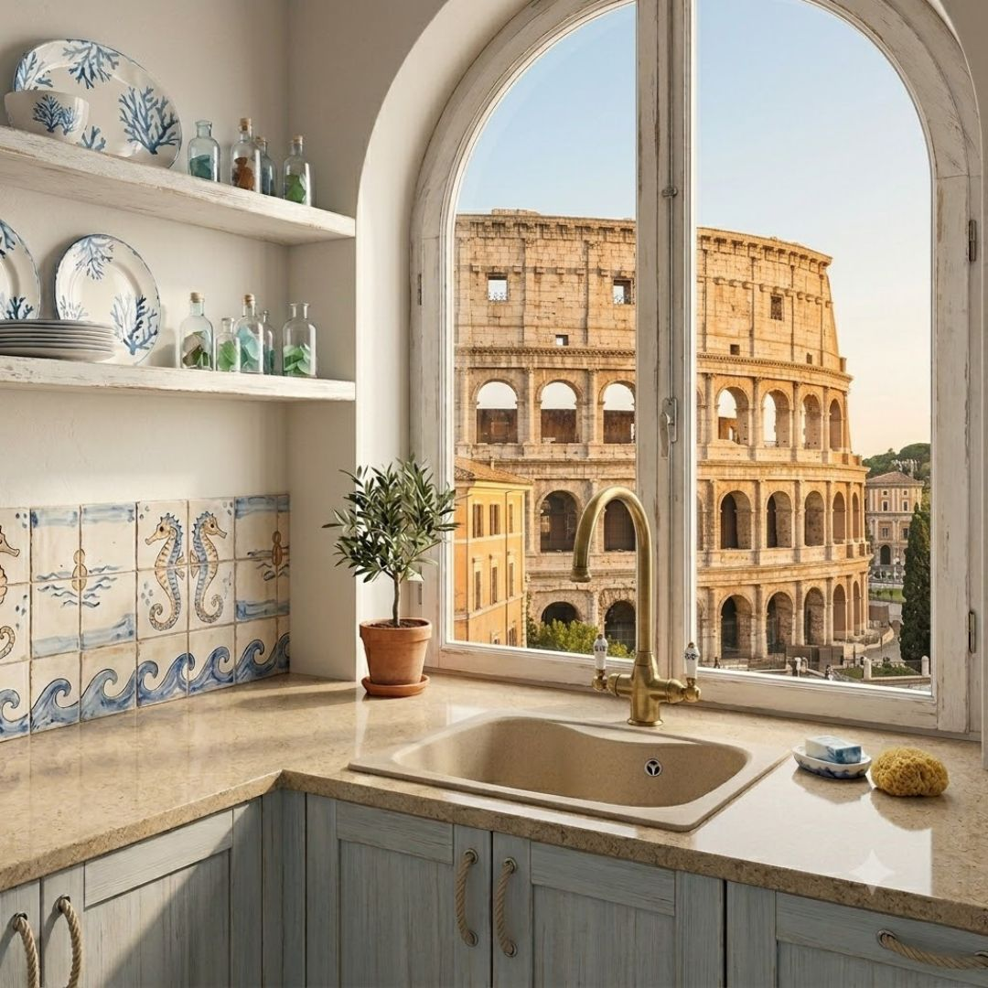 Cucina con vista sul Colosseo a Roma, con lavello e finestra.