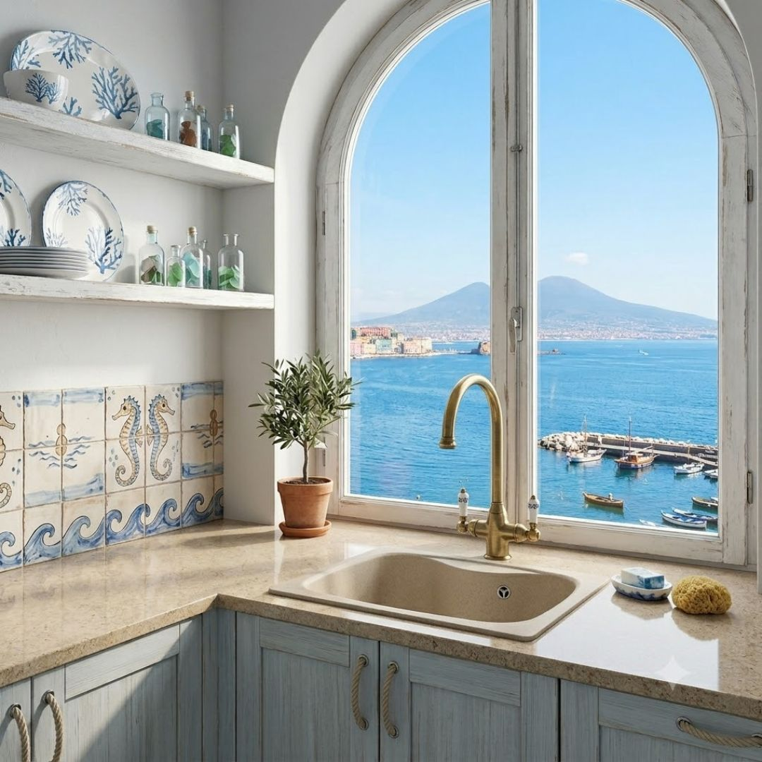 Cucina con vista sul mare, barche e montagne. Sono visibili un lavello e una finestra.