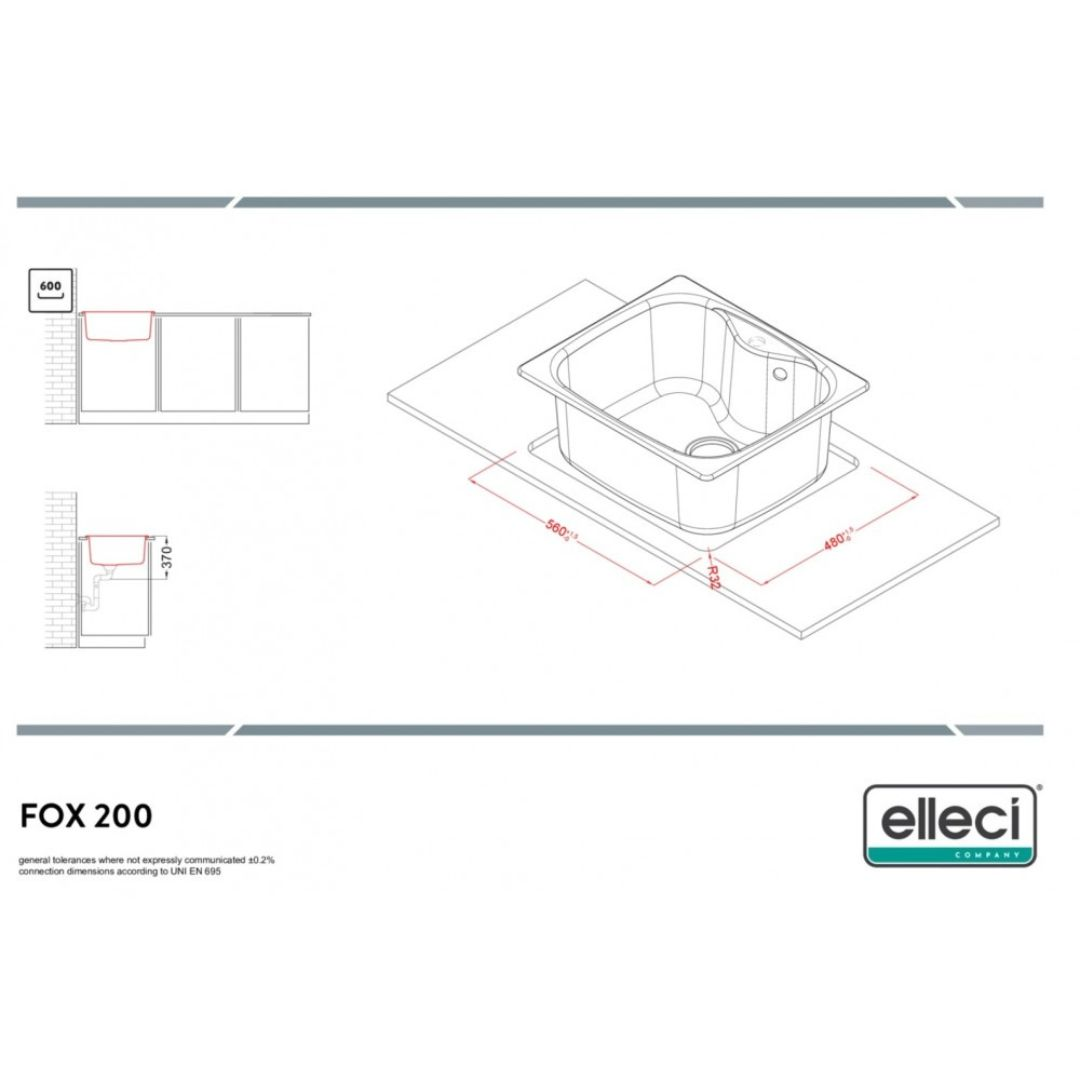 Disegno tecnico di un lavello con dimensioni 560x480 mm.