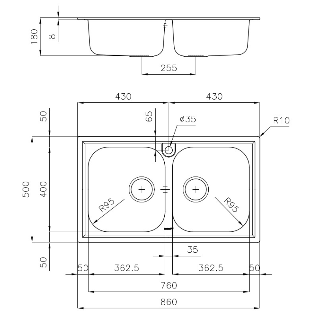 Disegno tecnico di un lavello doppio con dimensioni.