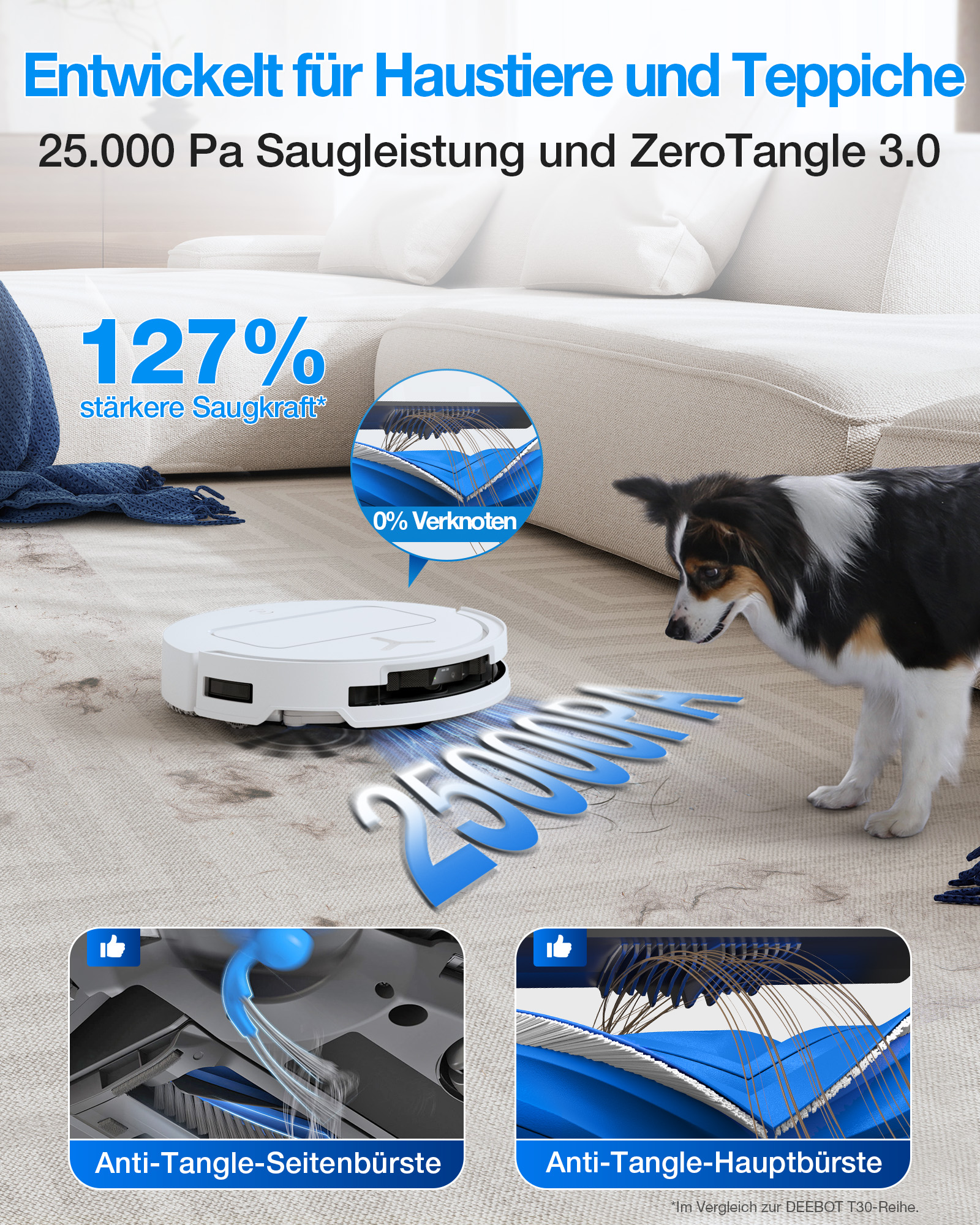 Ein Saugroboter reinigt einen Teppich, während ein Hund zusieht. Details zu Bürsten.