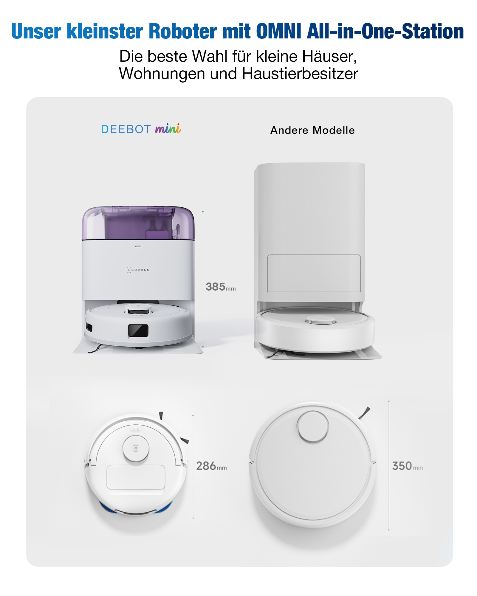 Vergleich von zwei Saugrobotern: klein und groß, mit Maßen.