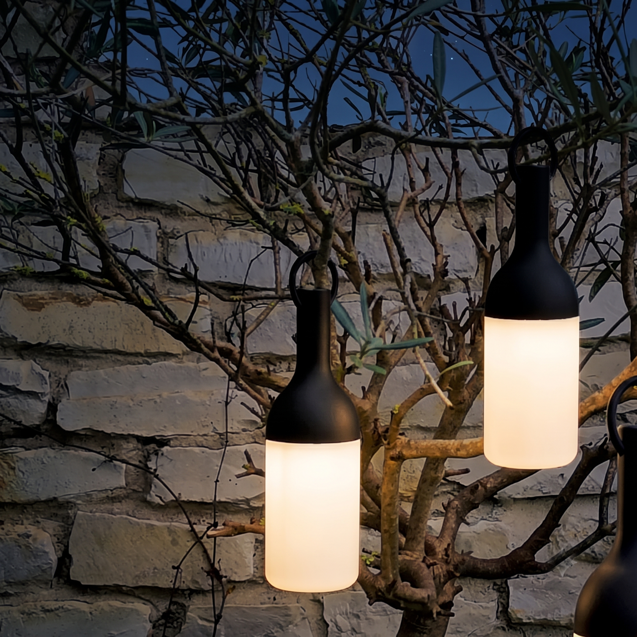 Drei Flaschenlampen hängen an einem Baum vor einer Steinmauer.