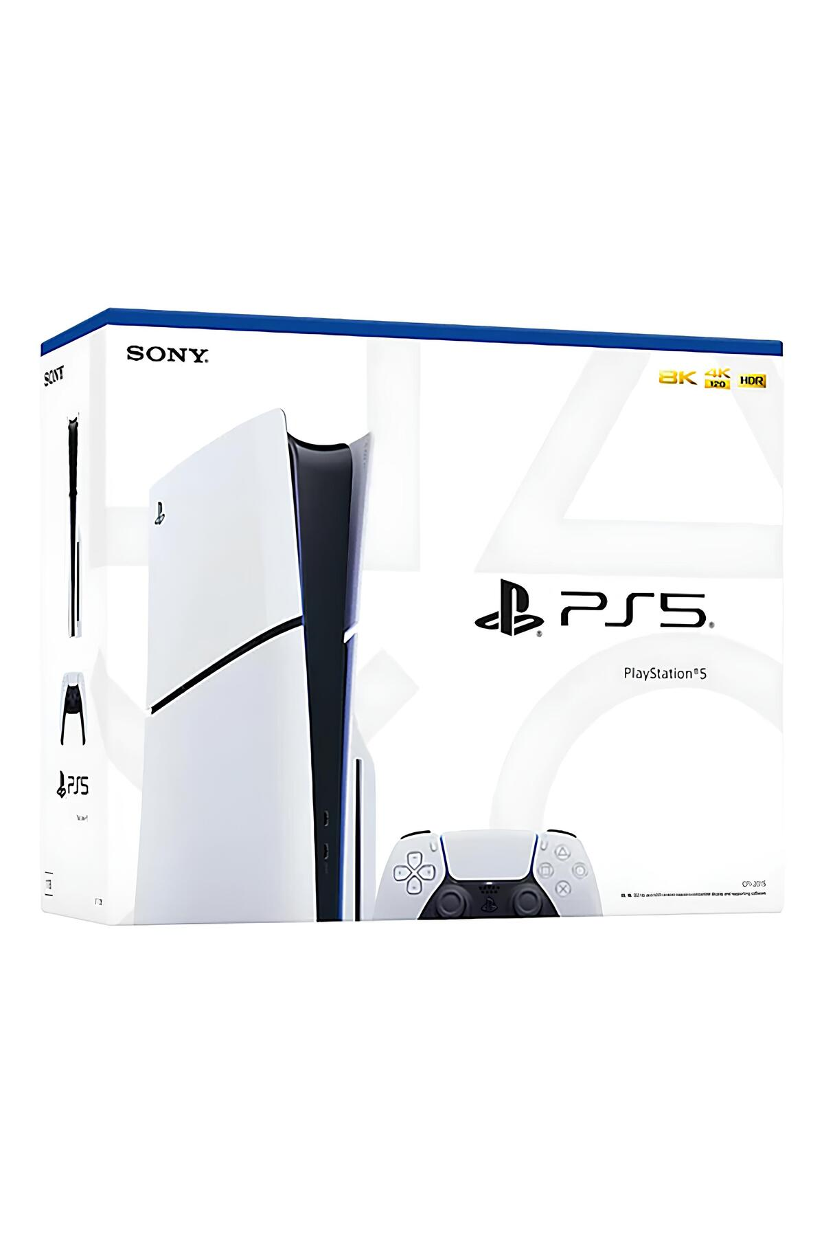 Sony PlayStation 5 konsolu, kumandasıyla birlikte beyaz kutuda, 8K, 4K, 120Hz, HDR özellikli.