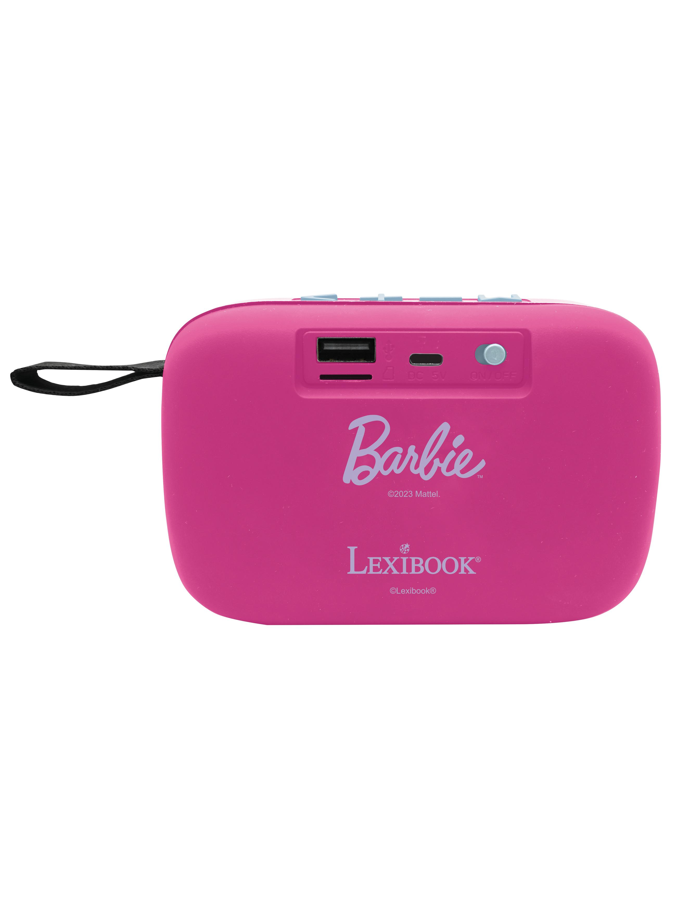 Eine pinke Barbie-Box mit Anschlüssen und Lautsprecher.