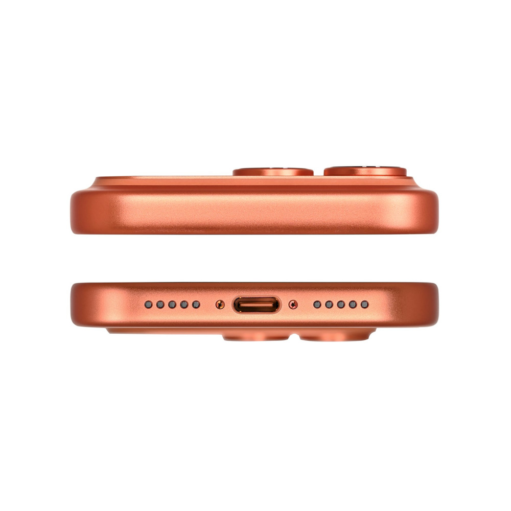 Primo piano di uno smartphone arancione, vista laterale, con porta di ricarica.
