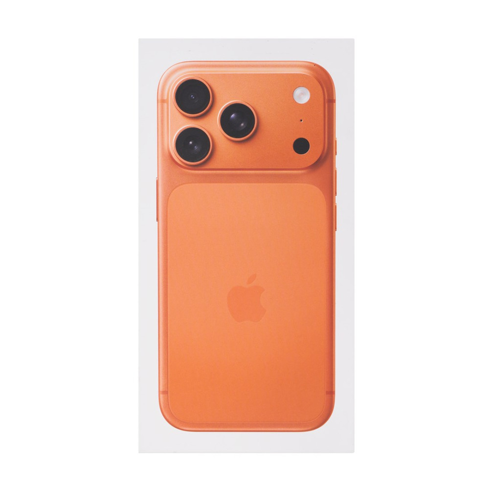 Tył pomarańczowego iPhone'a z trzema aparatami, lampą błyskową i logo Apple.