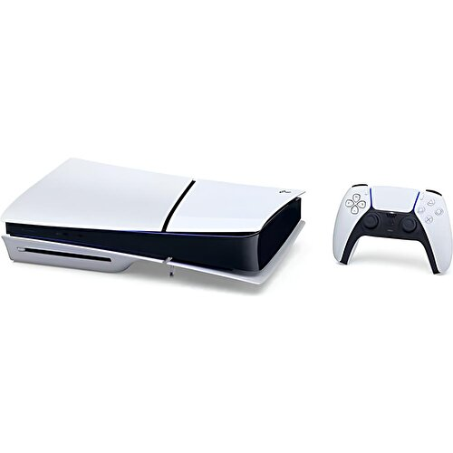 Beyaz PlayStation 5 konsolu ve kumandası beyaz arka planda.
