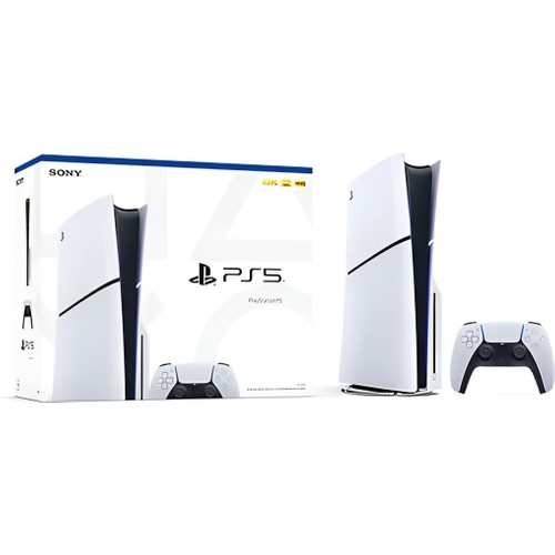 PlayStation 5 konsolu, kontrolcüsü ve kutusu beyaz zeminde.