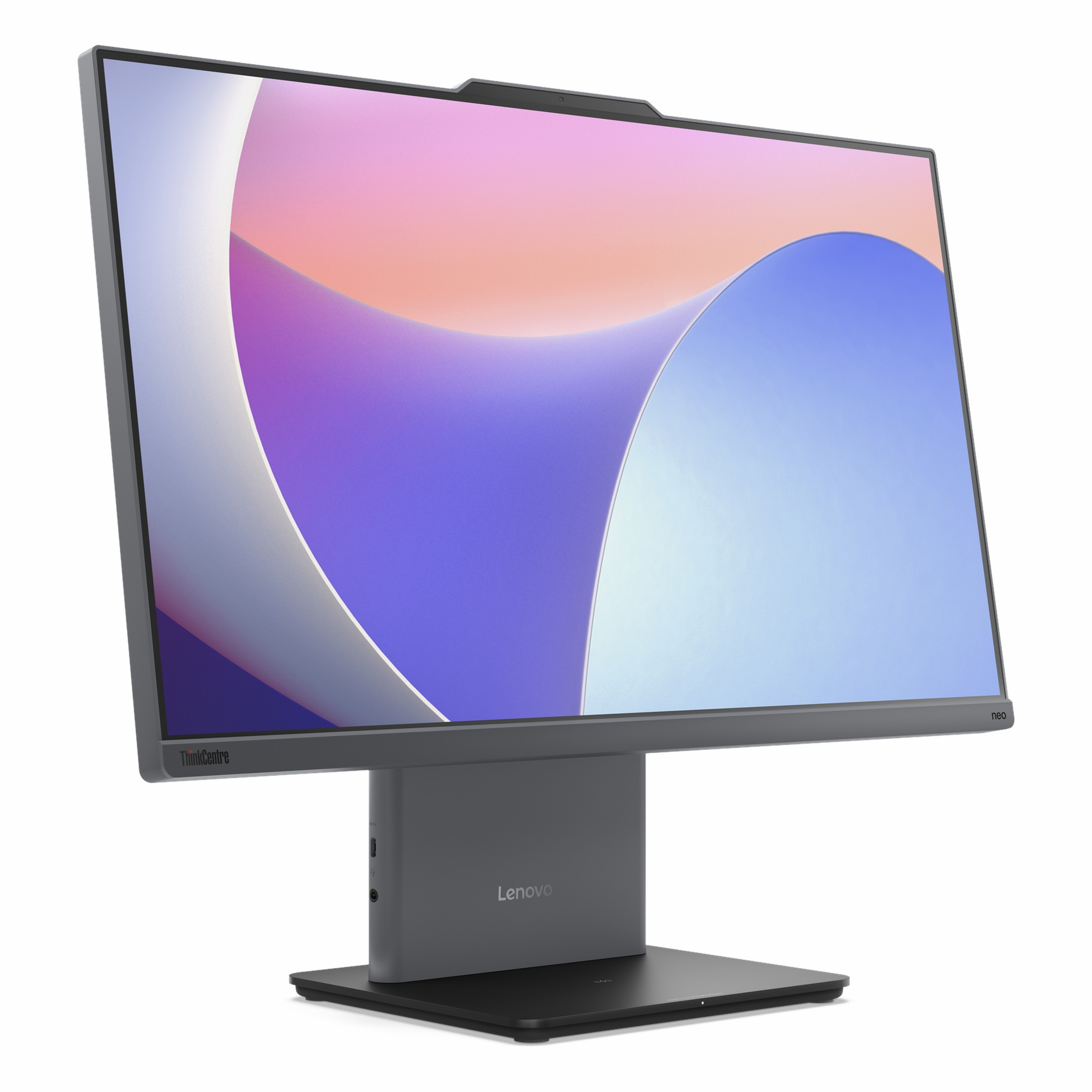 Soyut bir desen gösteren ekrana sahip gri bir Lenovo hepsi bir arada bilgisayar.