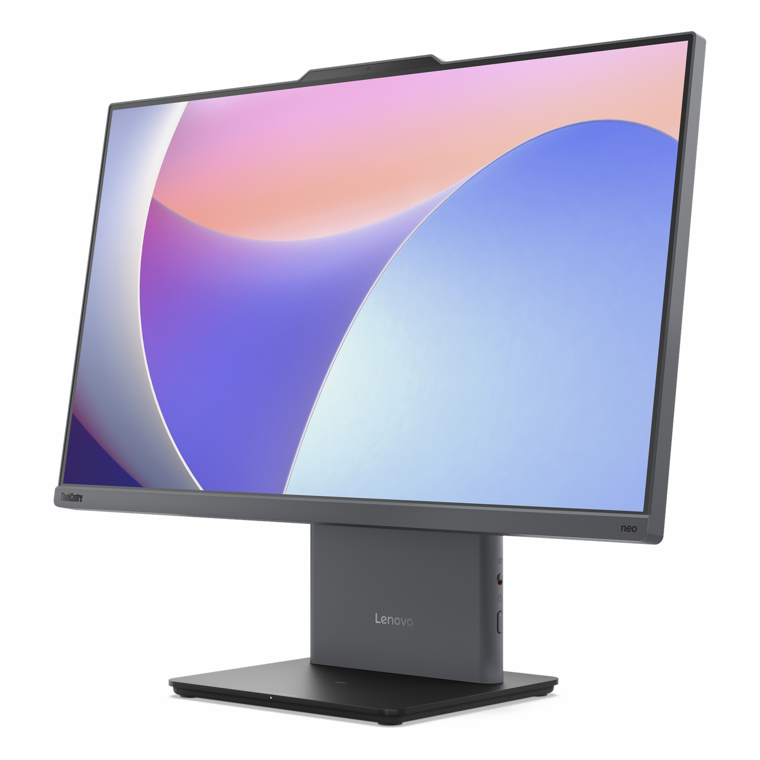 Ekranında soyut bir arka plan gösteren gri Lenovo monitör.