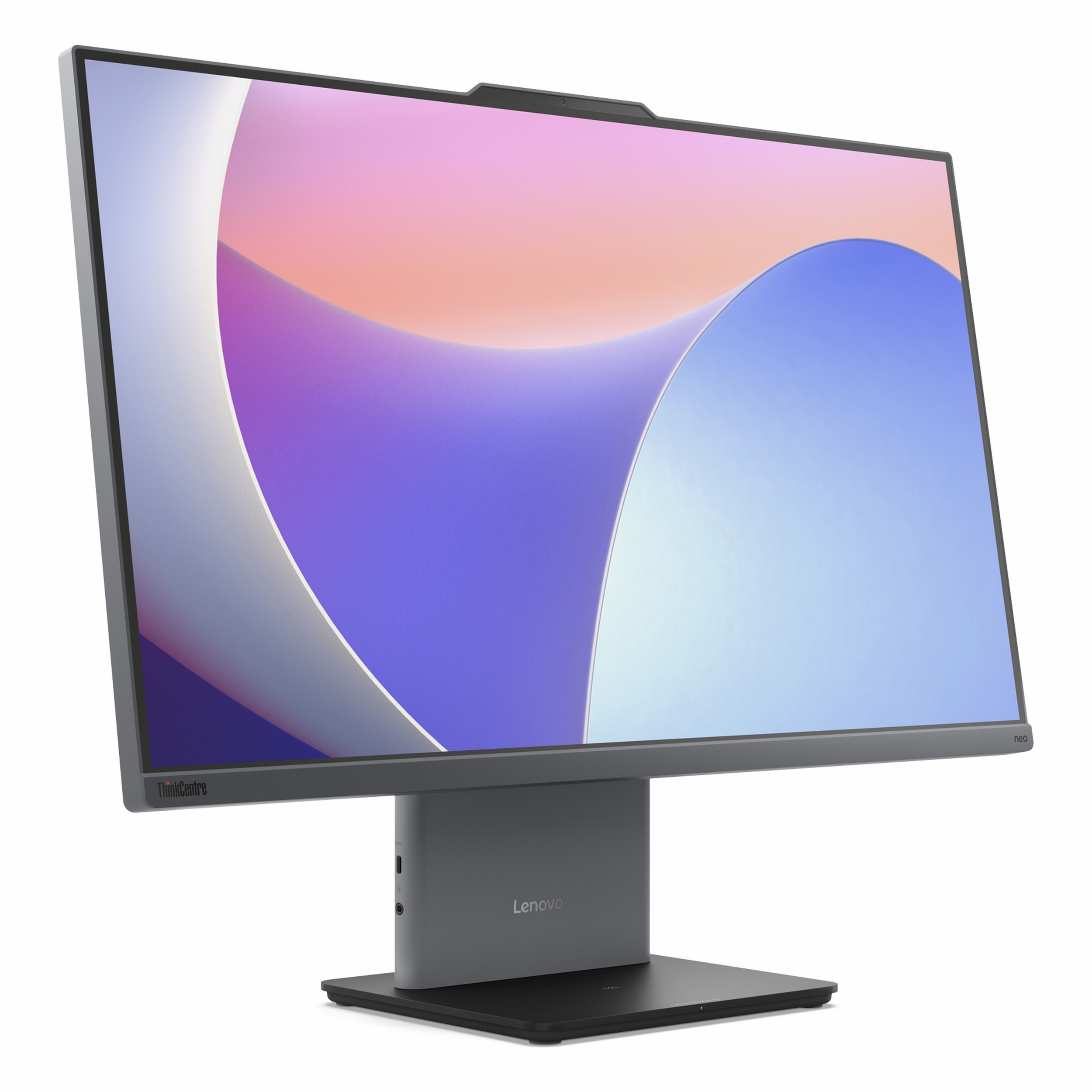 Bir Lenovo ThinkCentre monitör, soyut, renkli bir arka plan grafiği görüntüler.