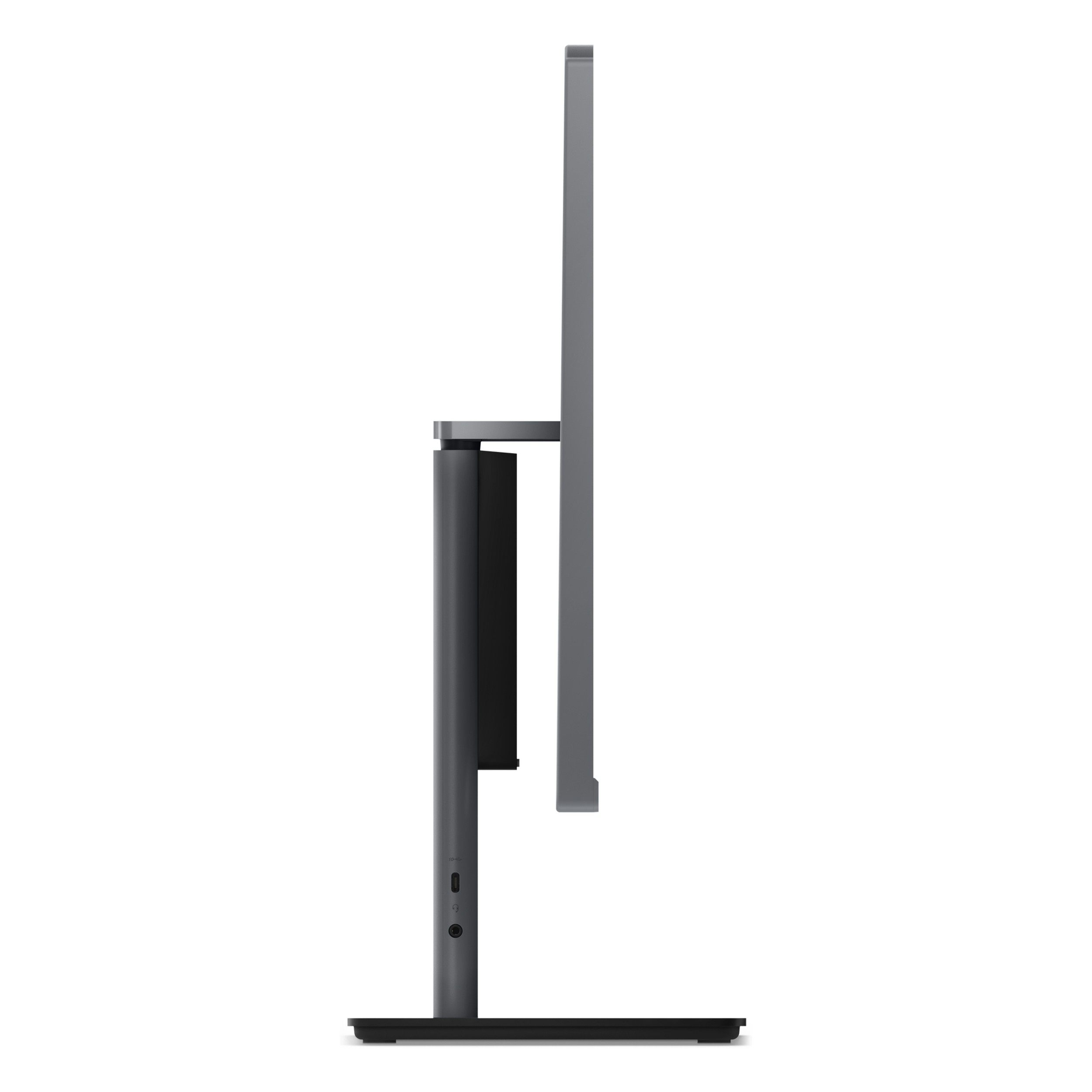 USB-C, kulaklık jakı ve siyah tabanlı gri monitör standı.