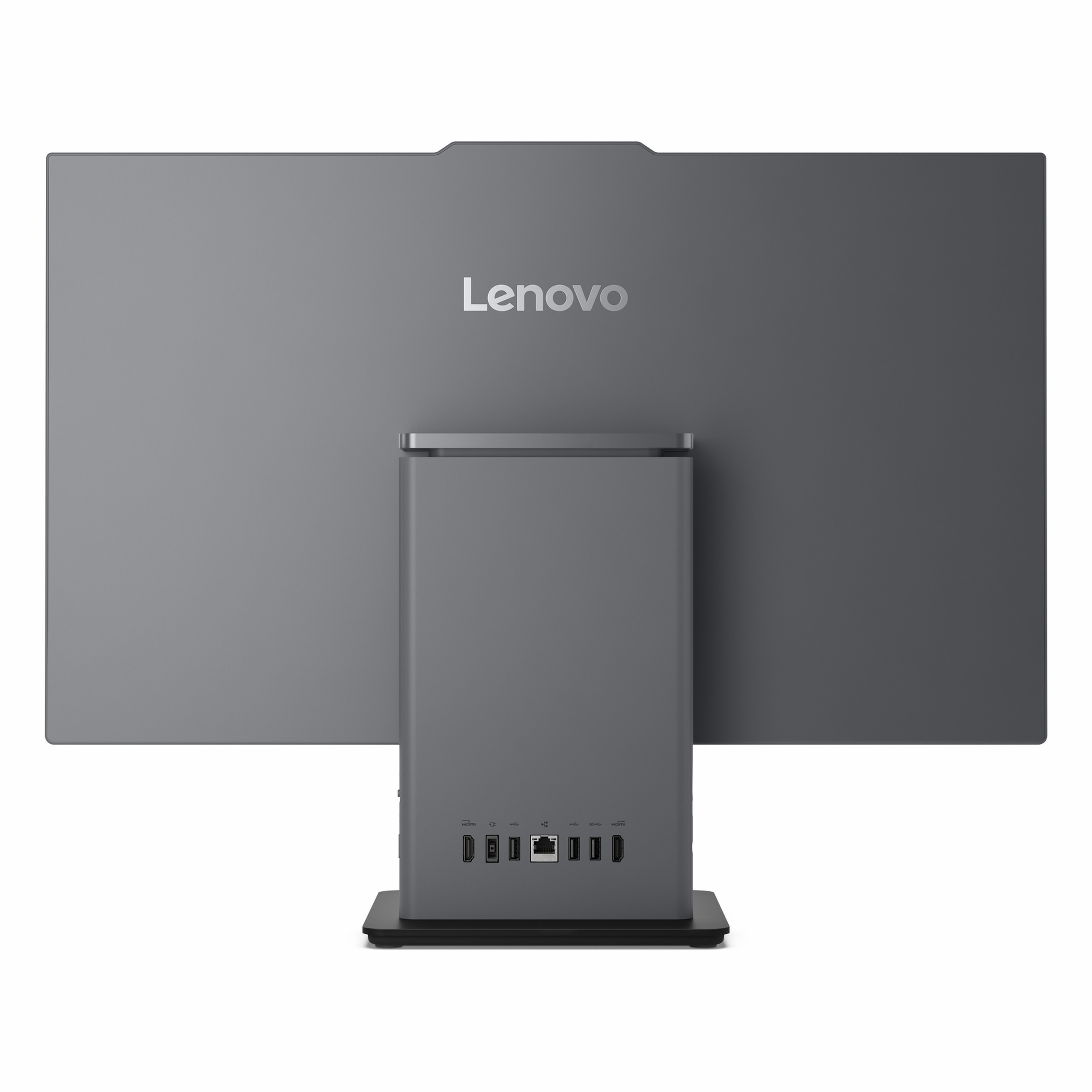 Gri Lenovo hepsi bir arada bilgisayarın bağlantı noktalarına sahip arka görünümü.