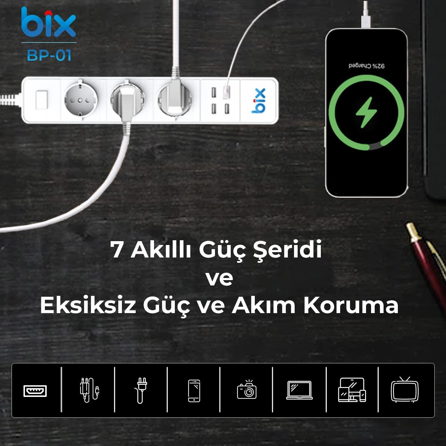 Kablolu beyaz priz şeridi, telefon şarj oluyor, Bix BP-01 logosu.