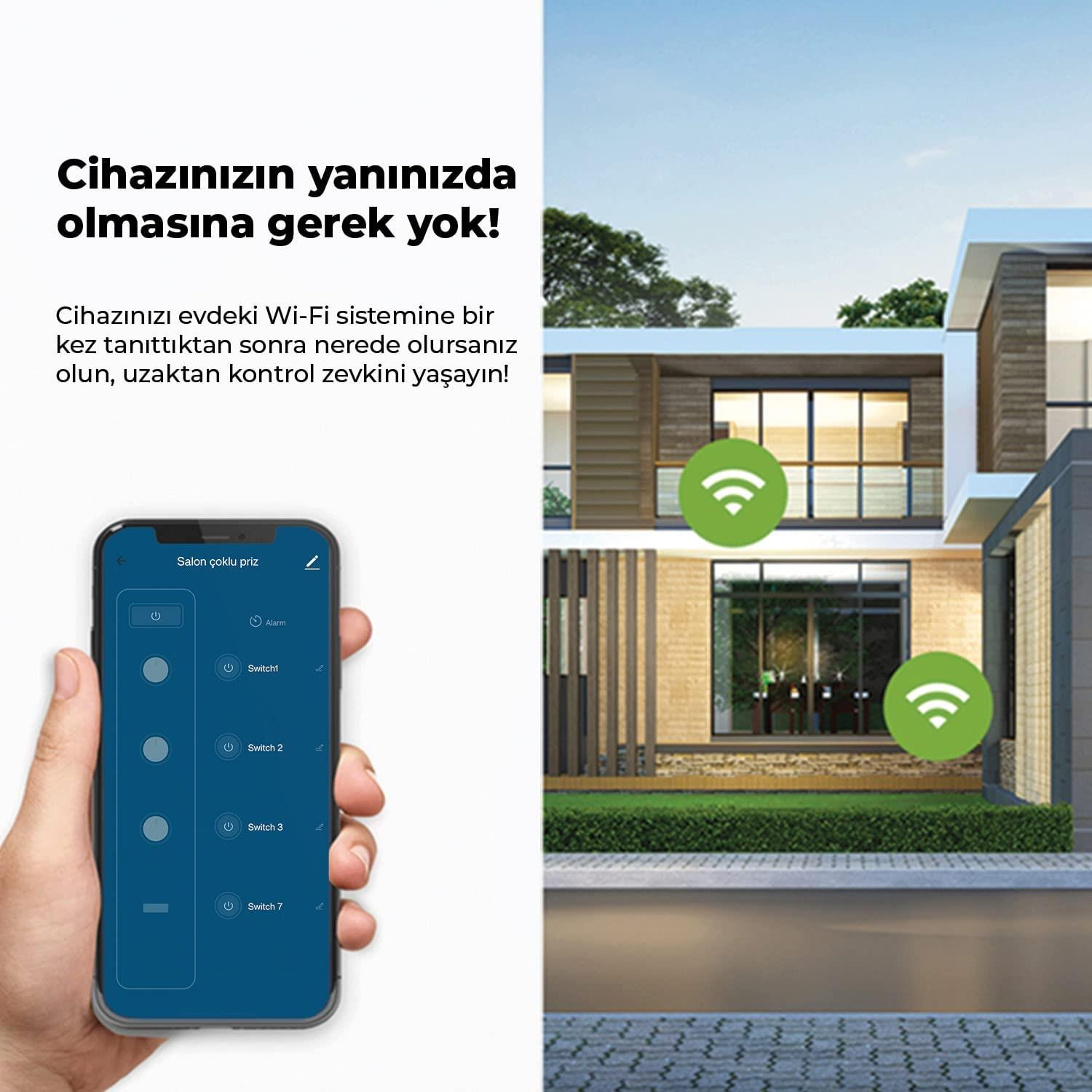 Akıllı ev kontrol uygulaması gösteren bir akıllı telefon, arkada modern bir ev ve Wi-Fi simgeleri.
