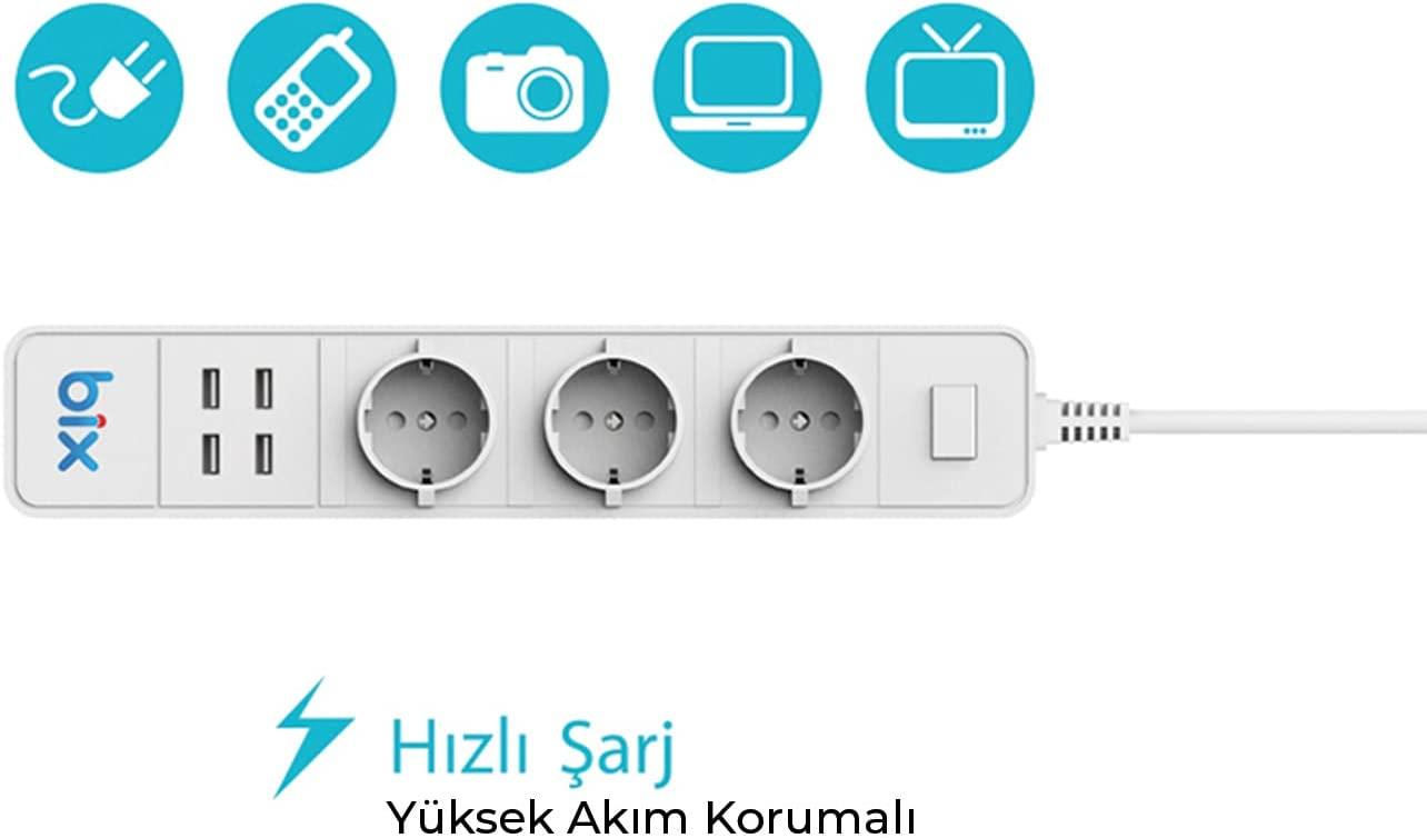 3 prizli, USB'li ve anahtarlı uzatma kablosu.