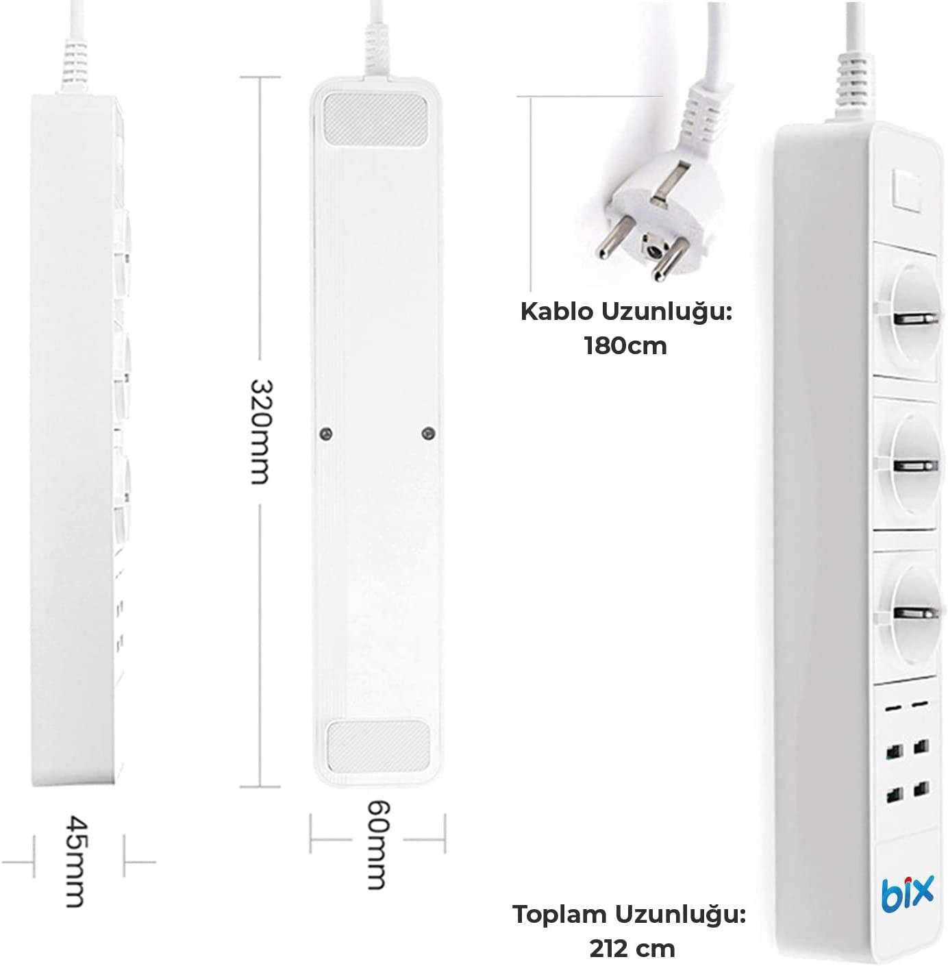Çoklu prizli beyaz uzatma kablosu, boyutları belirtilmiş.
