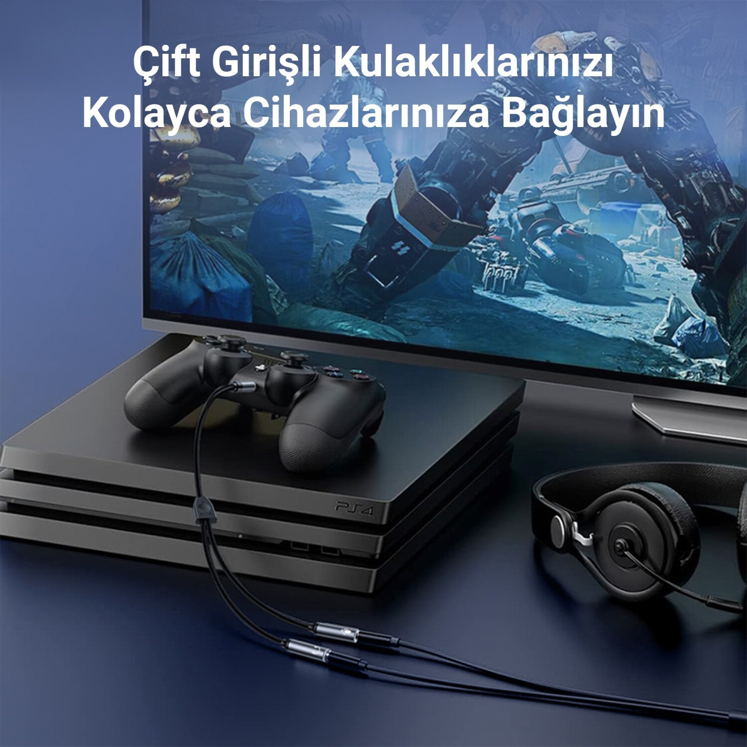 PS4, kontrolcü, kulaklık ve oyun grafiği gösteren ekran.