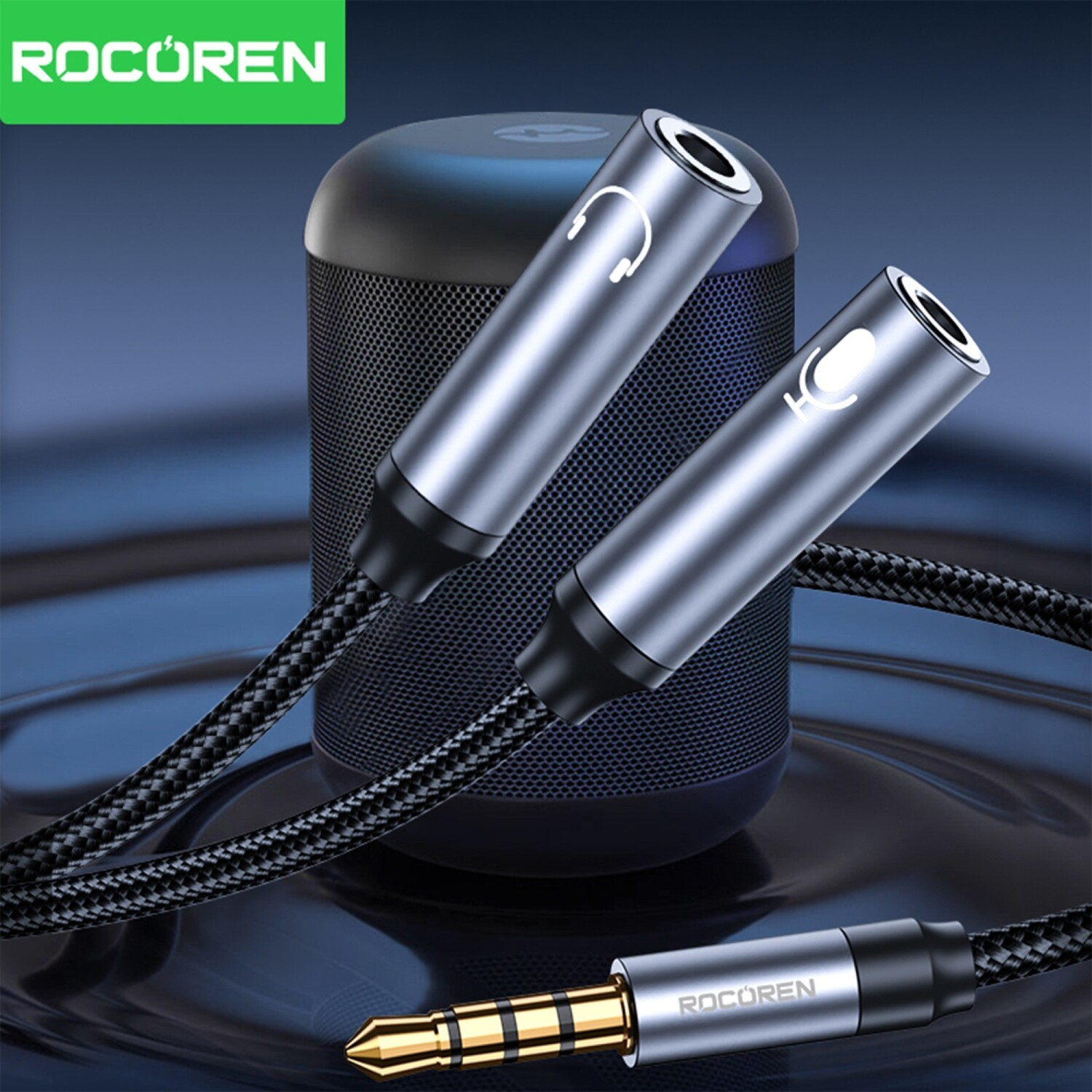 Hoparlör yanında mikrofon ve kulaklık sembollü gümüş 3,5 mm jak adaptörü.