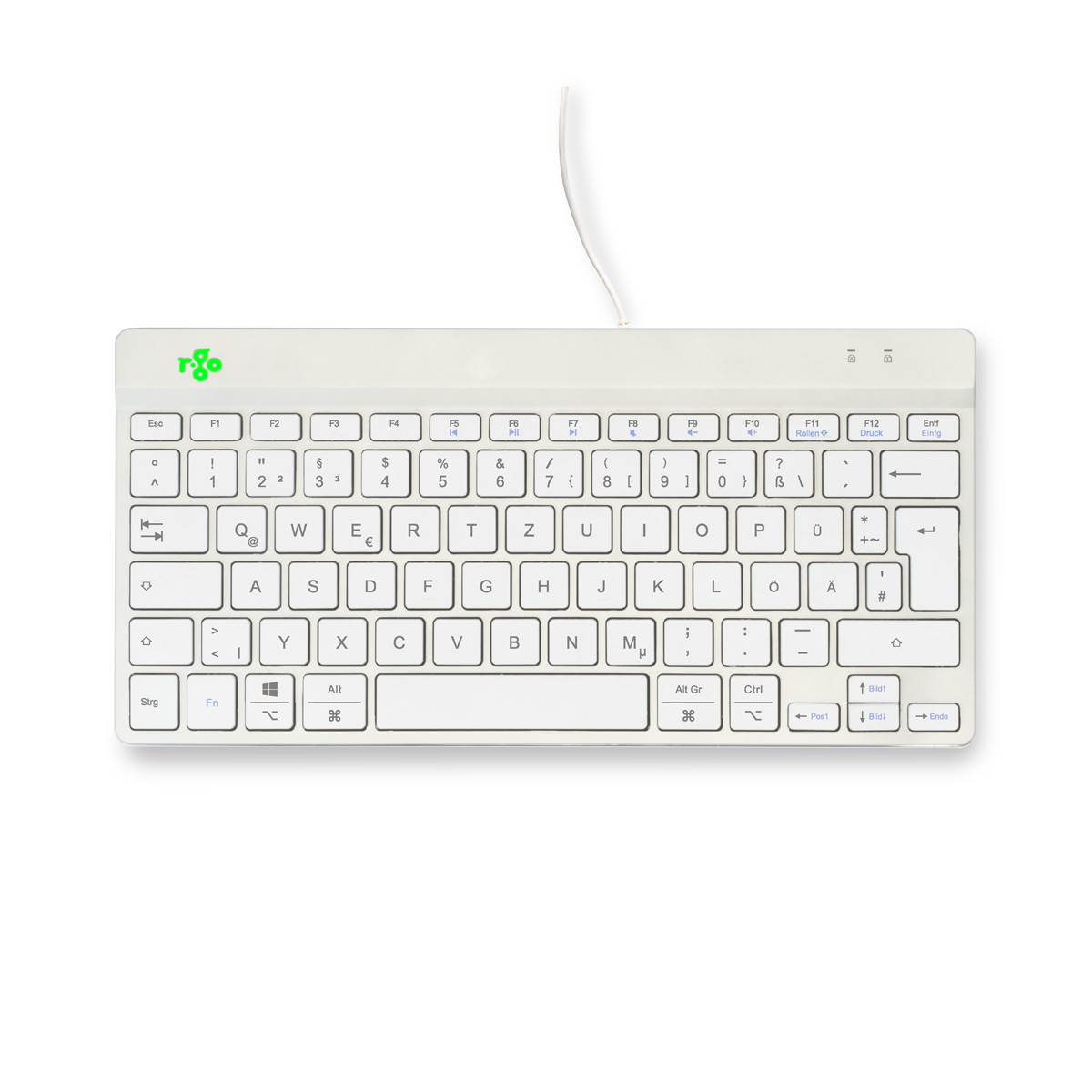 Ein weißes Tastatur-Layout mit deutschen Tastenbeschriftungen und einem grünen Logo.