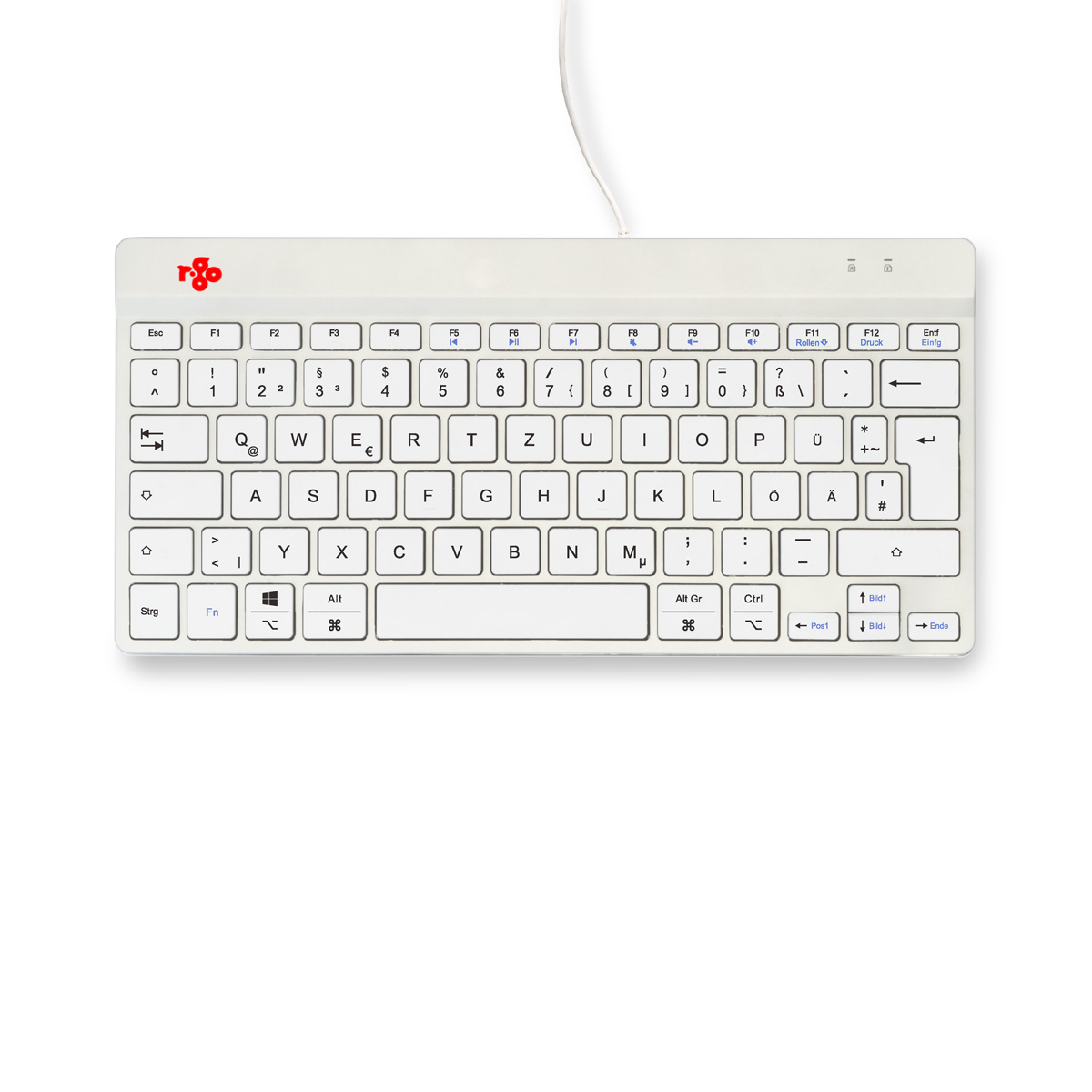 Ein weißes, kompaktes Tastatur-Layout mit deutschen Tasten und rotem Logo.
