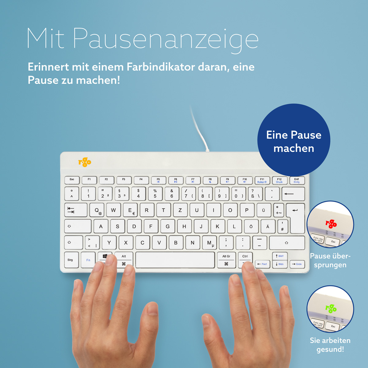 Hände auf einer weißen Tastatur, Text über Pausenanzeige.