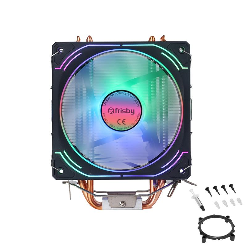 RGB fanlı, bakır borulu ve aksesuarlı siyah CPU soğutucu.