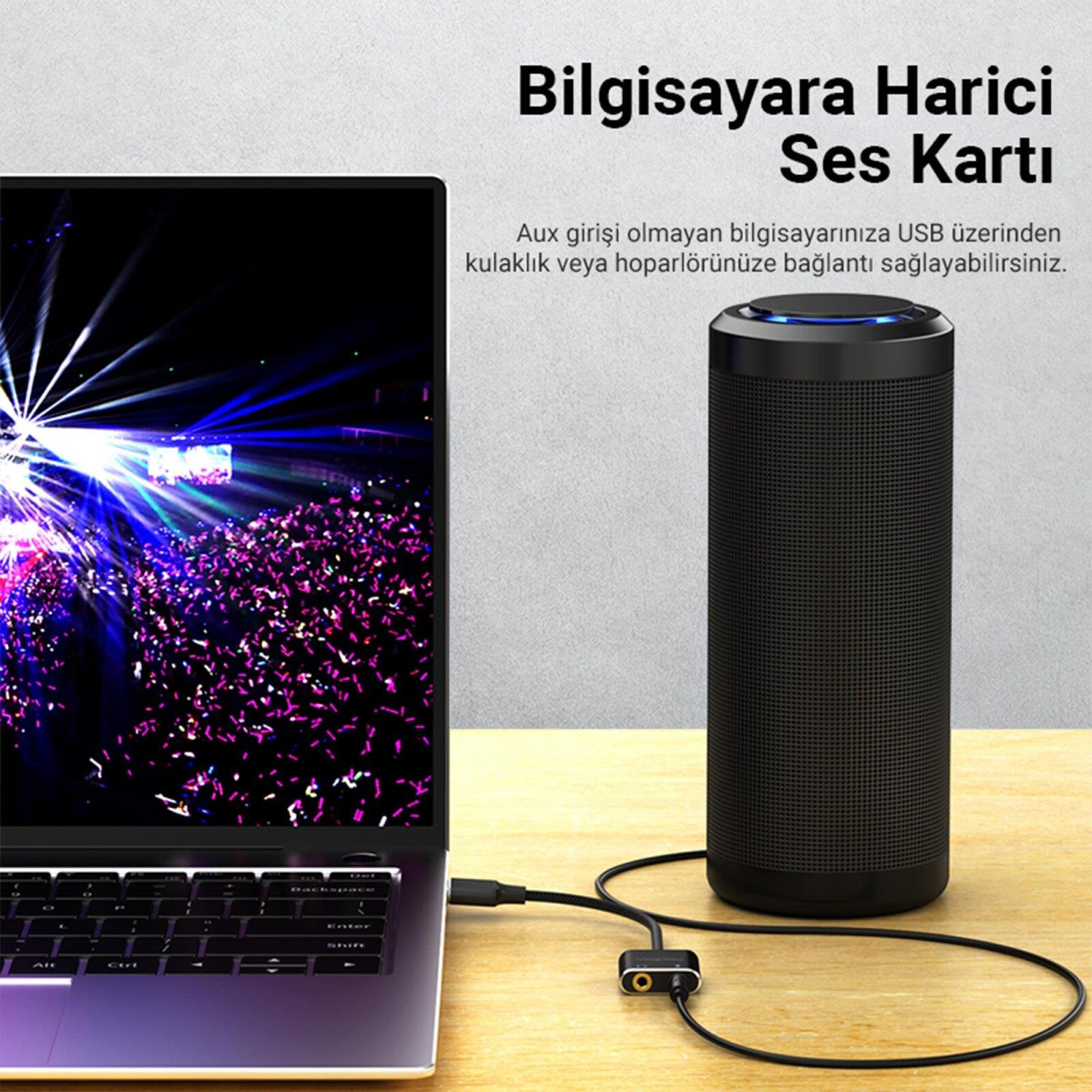 Konser gösteren laptop ve harici USB ses kartı hoparlörü.