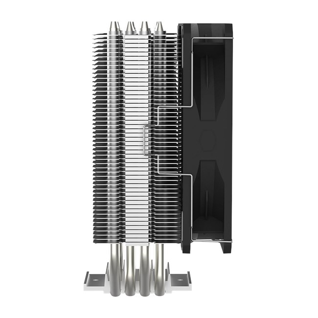 Sağda siyah fan bulunan gümüş renkli CPU soğutucu, yandan görünüm.