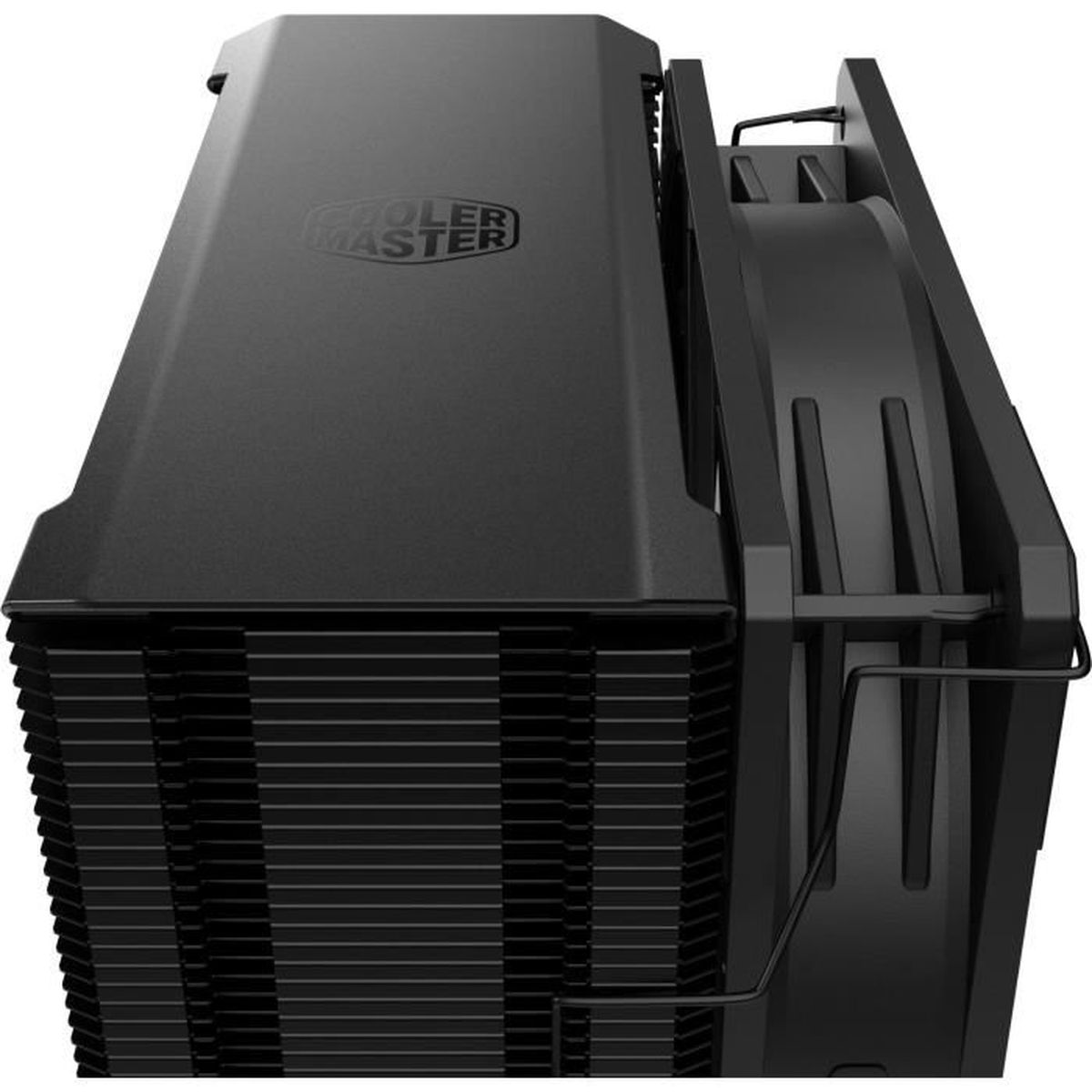 Cooler Master logolu, fanlı ve kanatçıklı siyah CPU soğutucu.
