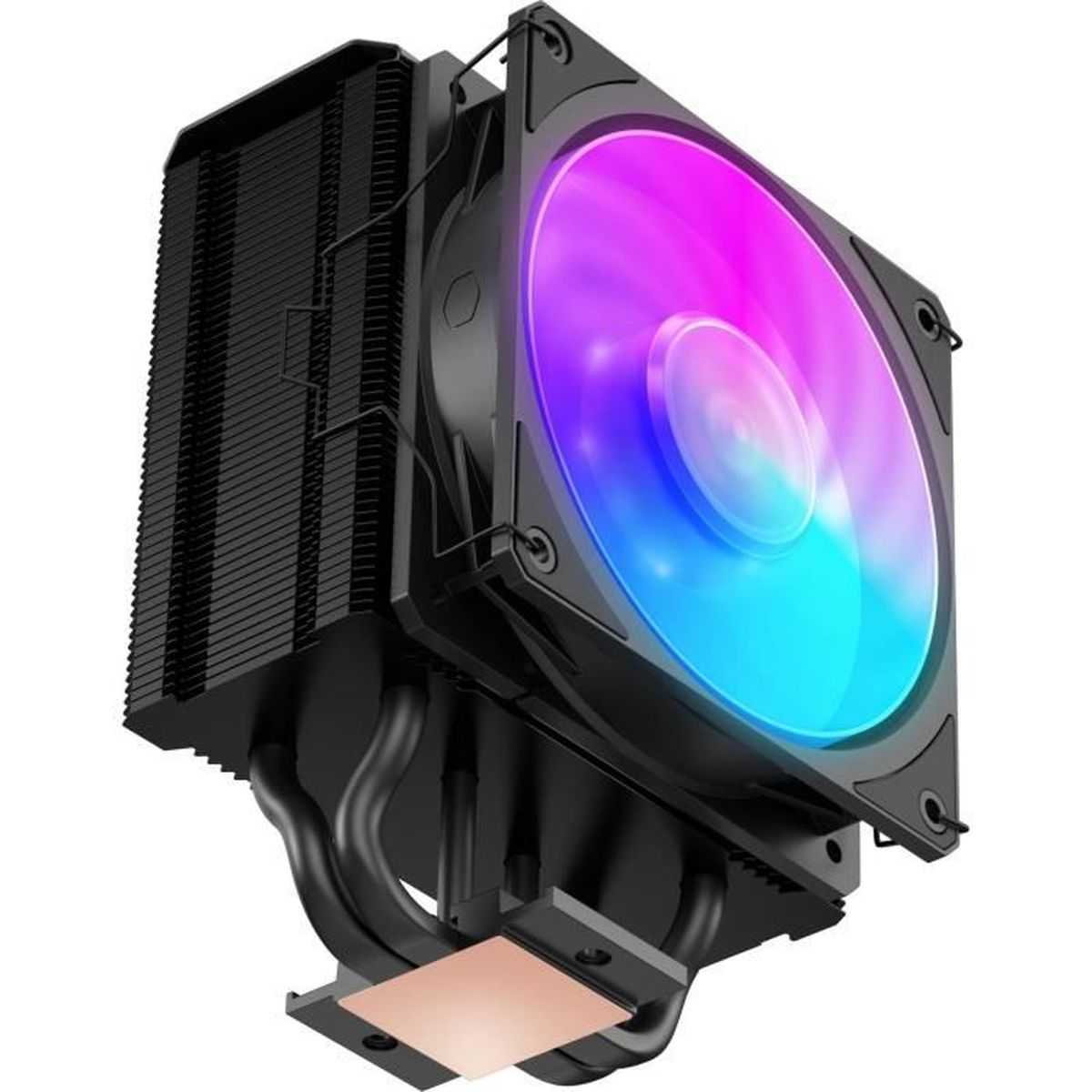 Beyaz arka plan üzerinde RGB fanlı, bakır tabanlı, ısı borulu siyah CPU soğutucu.