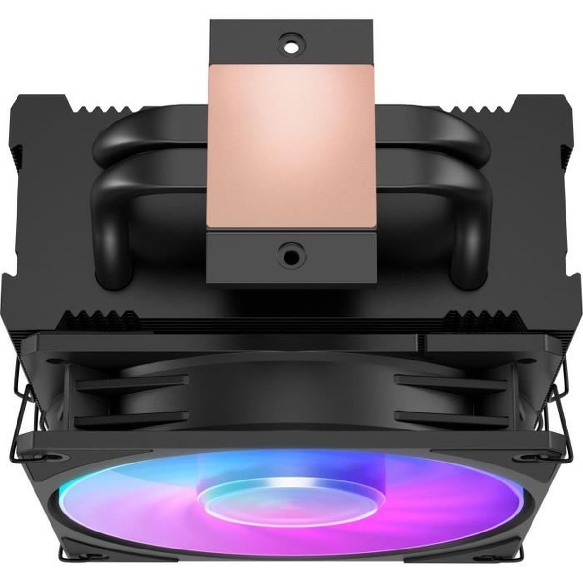 Bakır plakalı, siyah ısı borulu ve RGB fanlı siyah CPU soğutucu.