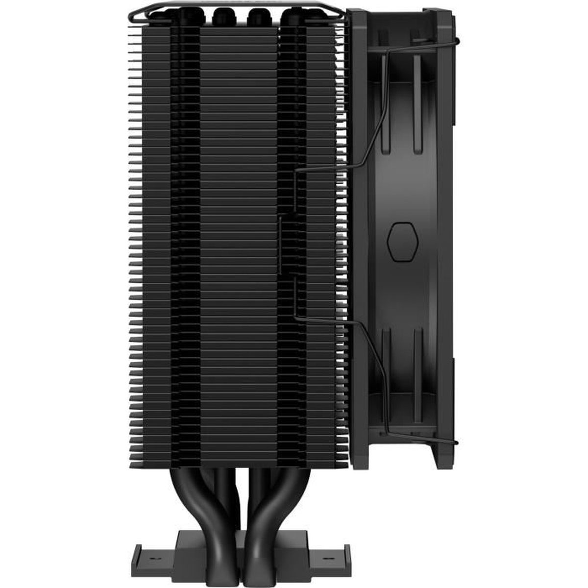 Siyah CPU soğutucu fanlı ve çok sayıda kanatçıklı.
