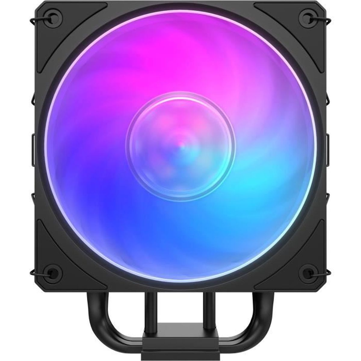 Mor ve mavi aydınlatmalı fan kanatlı siyah CPU soğutucu.