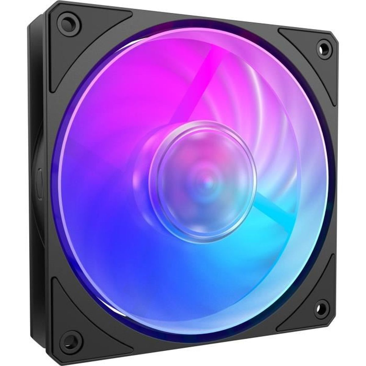 Mor ve mavi RGB aydınlatmalı siyah bilgisayar fanı.