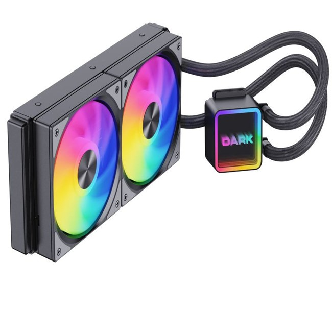 İki fanlı ve kare pompa yuvalı, RGB aydınlatmalı siyah bilgisayar soğutucusu.