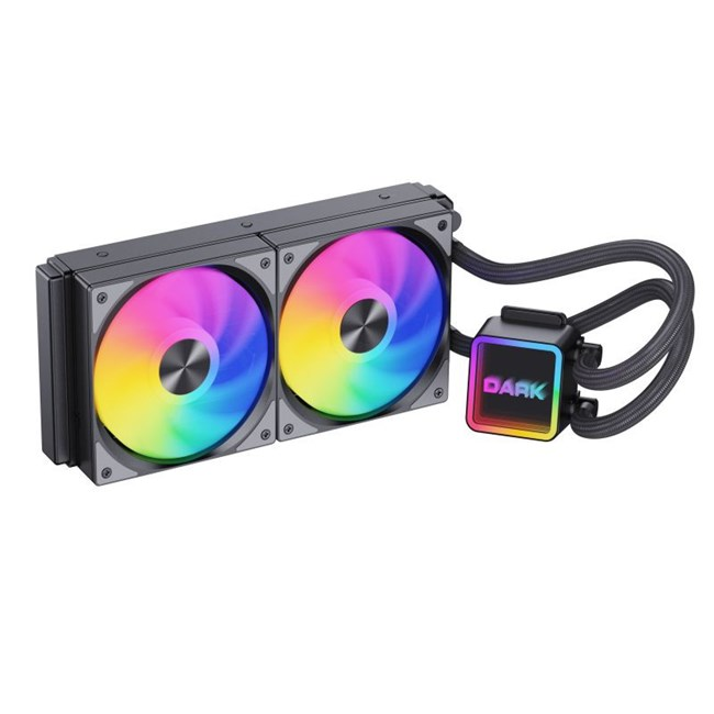İki RGB fanlı ve dikdörtgen pompa yuvalı siyah CPU soğutucu.