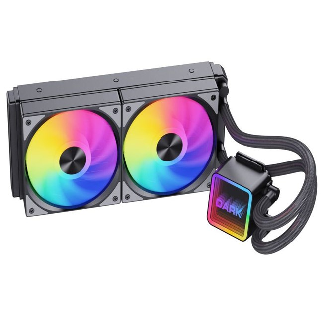 İki RGB fanlı ve kare pompa yuvalı siyah CPU soğutucu.