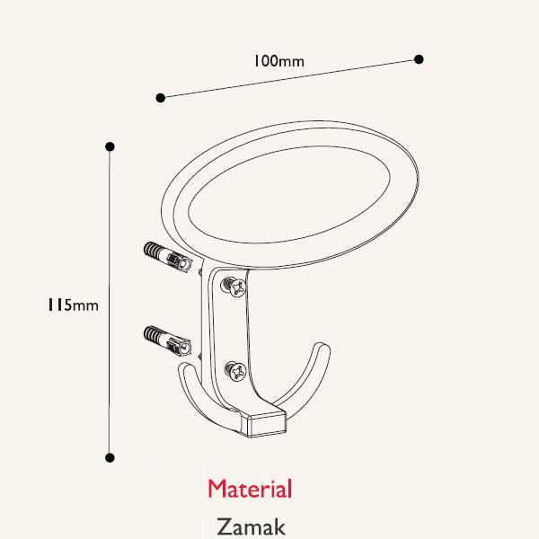 Zamak çift kanca, 115mm yüksek, 100mm geniş, vidali.