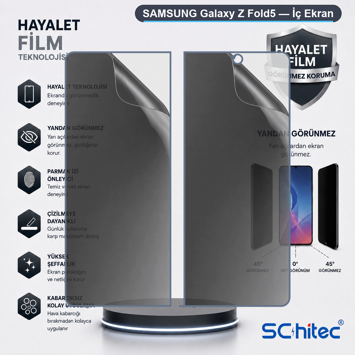 Samsung Galaxy Z Fold5 için gizlilik ve çizilme direnci sunan ekran koruyucu.